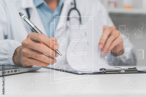 Doctor and patient health information. A medical worker work with virtual Quality Certificate and Checklist document analyst target marketing planning assignment with quality, medical report.
