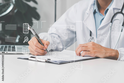 Doctor and patient health information. A medical worker work with virtual Quality Certificate and Checklist document analyst target marketing planning assignment with quality, medical report.