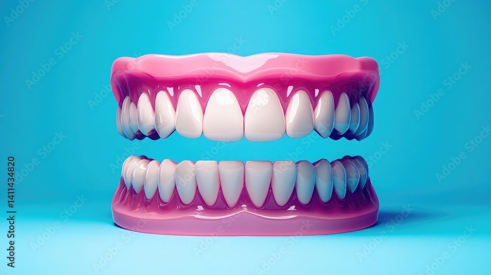 Fototapeta premium Macro dental product shot with natural pink gums and teeth placed symmetrically on clean tray