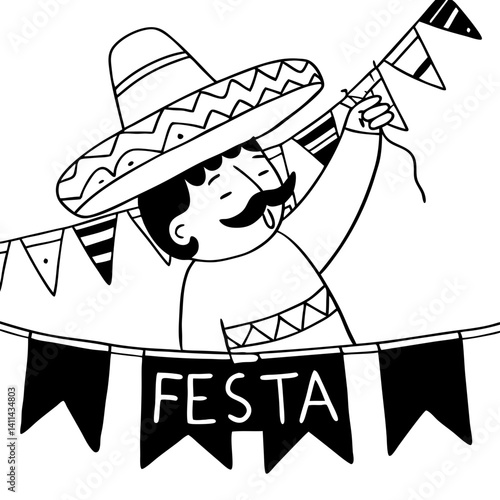 Fiesta Celebration: A charming illustration captures the festive spirit, featuring a character adorned in a sombrero, stringing up colorful flags. The illustration emanates joy.
