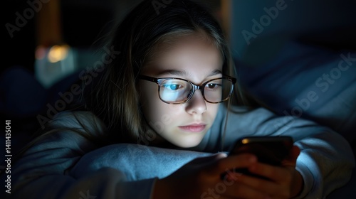 A preteen girl in puberty period texting with her friend. Addiction to social media among youth
