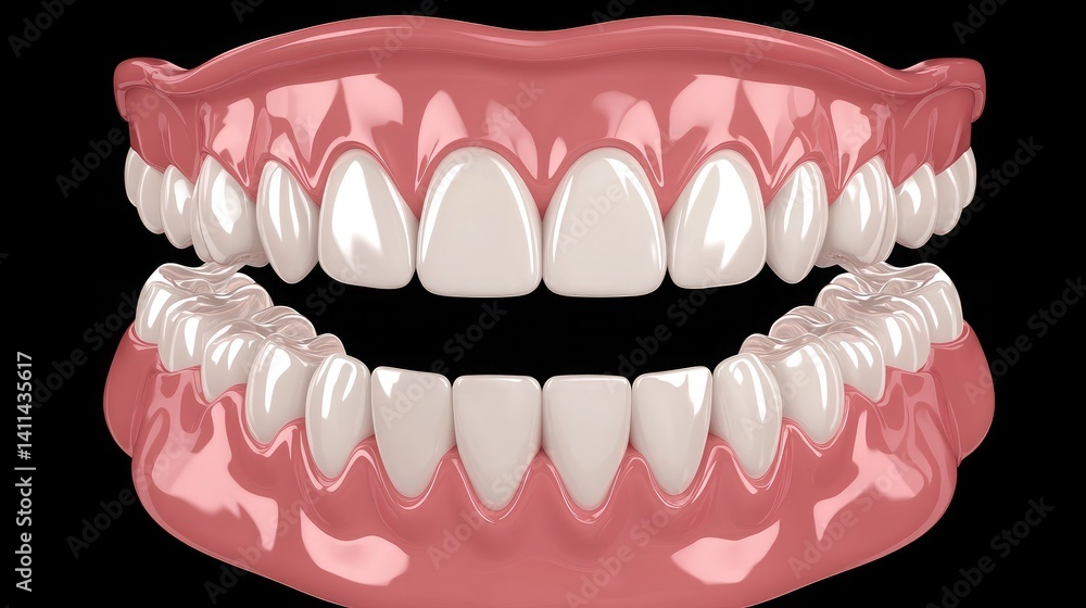 Fototapeta premium Realistic gum tone and dental structure in macro image of dentures resting on professional tray