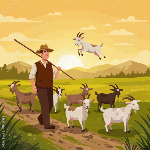 Herdsman Walking Goats on Farm at Sunset
