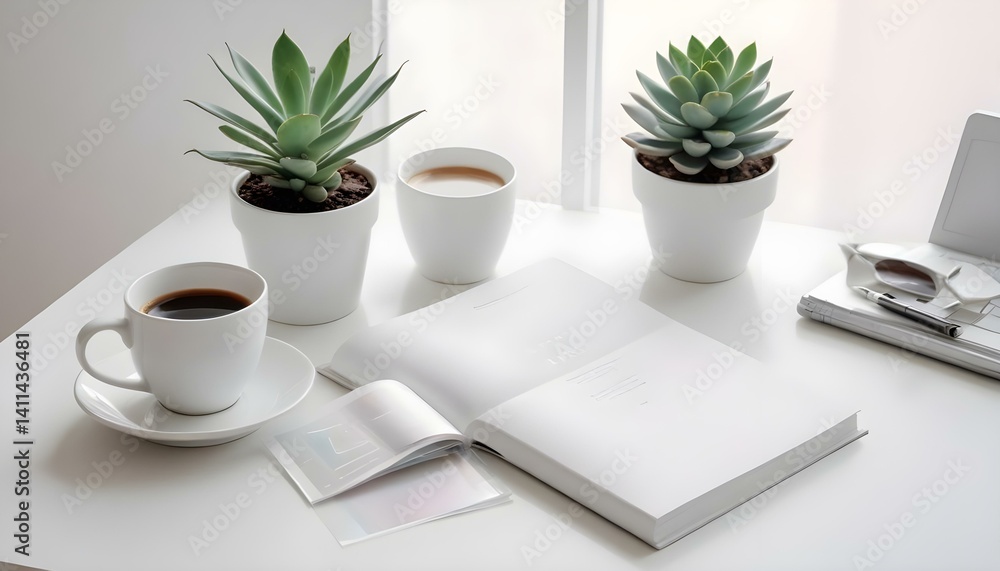 White book mockup with workspace accessories on a white table. White book mockup with workspace accessories on a white table.