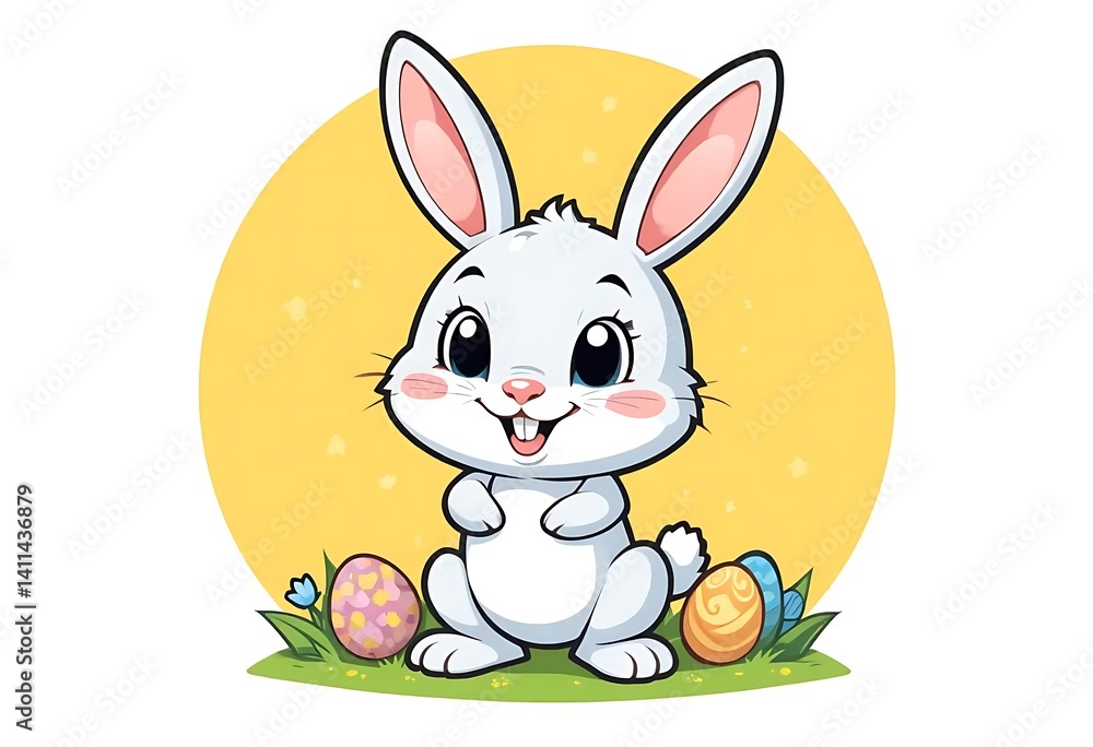 Fototapeta premium Adorable Easter Bunny: Cheerful Cartoon with Decorated Eggs