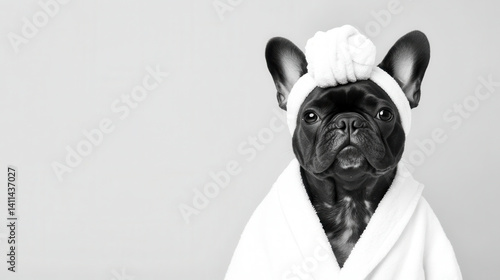 Black and White French Bulldog in Spa Attire with Towel on Head