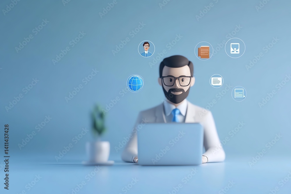 Executive coach with digital globe and remote client icons, international business coaching, 3D illustration Executive coach with digital globe and remote client icons, international business coaching, 3D illustration
