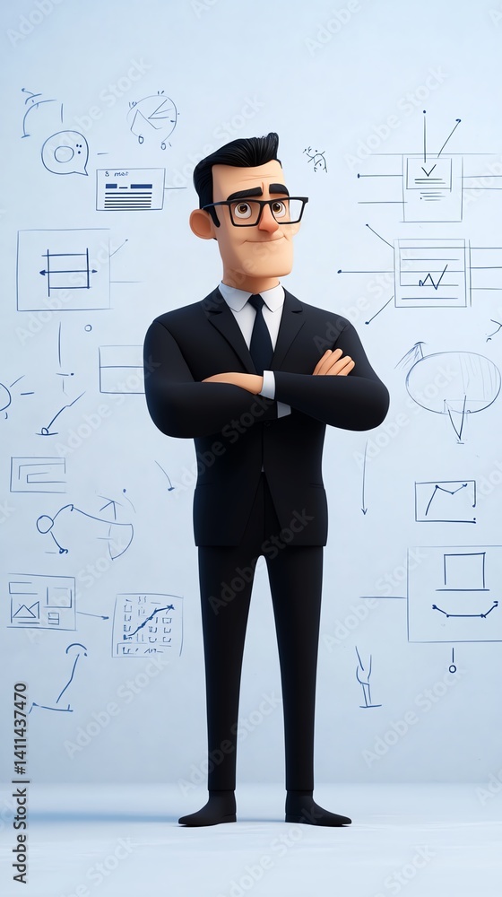Executive coach with flowchart tattoos on arms, living strategy and leadership, cartoon concept, 3D illustration Executive coach with flowchart tattoos on arms, living strategy and leadership, cartoon concept, 3D illustration