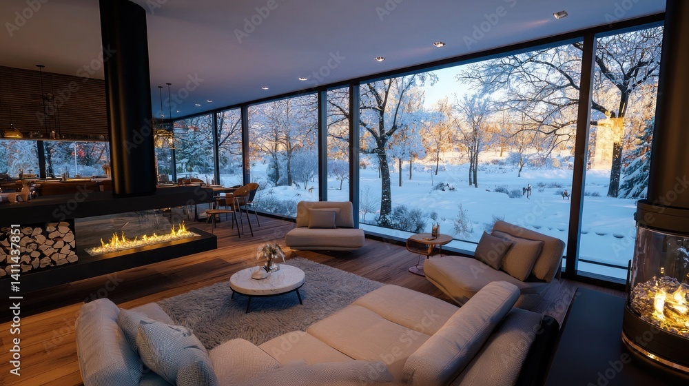 Fototapeta premium Modern winter living room with fireplace, snow-covered landscape view