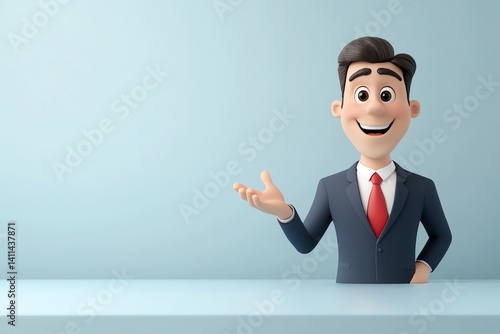 Executive cartoon coach character gesturing with open palm, encouragement and guidance concept, 3D illustration