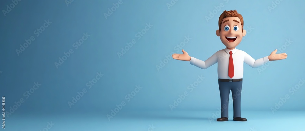 Executive coach cartoon with arms wide open, welcoming gesture for corporate training, 3D illustration Executive coach cartoon with arms wide open, welcoming gesture for corporate training, 3D illustration