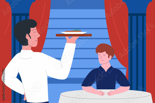 A waiter serves a gourmet dish to a smiling guest at a formal restaurant.