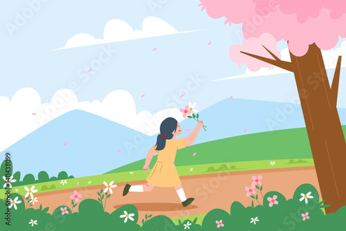 A cheerful girl runs through a blooming spring field holding a bouquet of flowers, under a cherry blossom tree with mountains in the background.