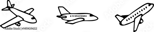 Three airplane drawings in simple doodle style are isolated on a white background Great for aviation or transportation themes.