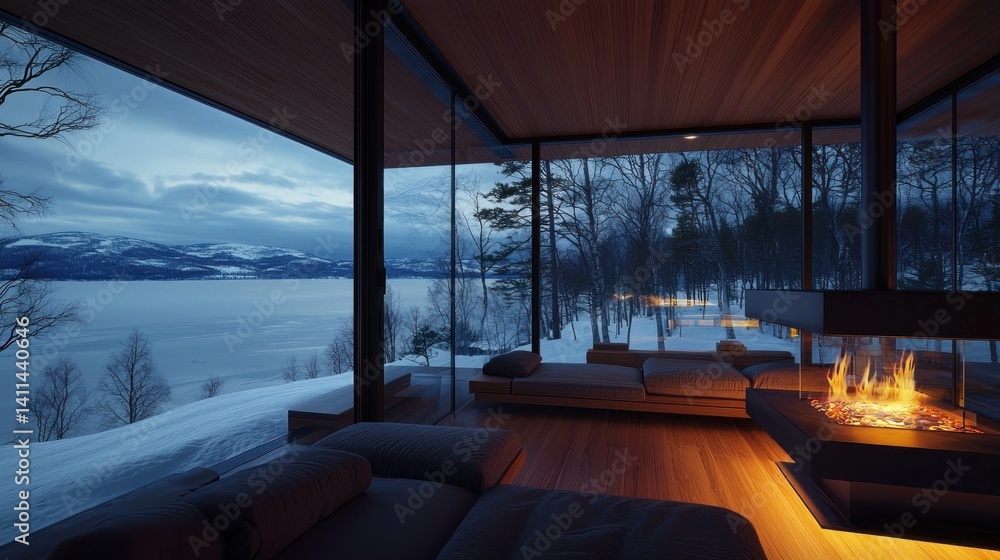 Fototapeta premium Modern cabin living room with lake & snowy forest views at twilight