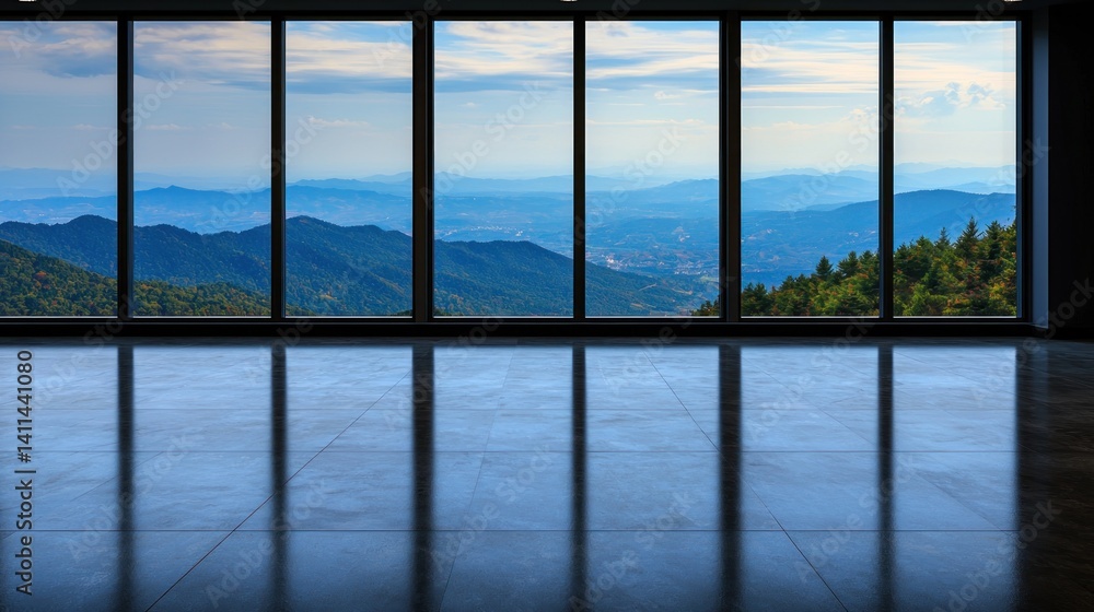 Fototapeta premium Empty room with large windows showcasing mountain view