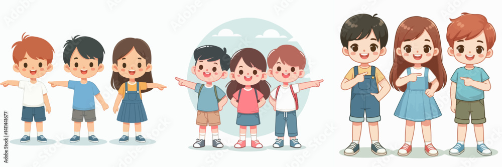 Vector collection of a group of children standing together with cheerful and friendly expressions, reflecting the joy and togetherness of childhood. Vector collection of a group of children standing together with cheerful and friendly expressions, reflecting the joy and togetherness of childhood.
