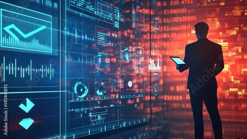 Digital Data Analyst: A Silhouette of a Businessman Examining Complex Data Visualizations on a Large Screen