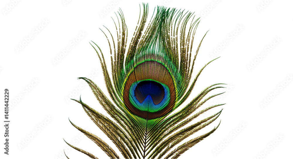 Fototapeta premium A detailed close up of a single peacock feather against a plain black background showing its colors
