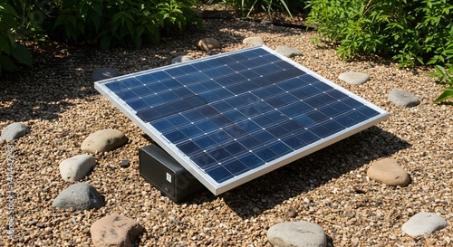Obraz na płótnie energy, solar panel in the house garden, Small solar panels, pebbles, outdoor setting, sunlight, rocky ground, eco-friendly technology w salonie