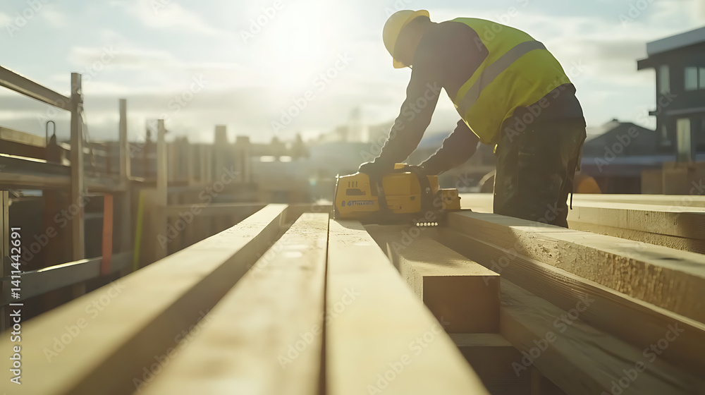A construction worker using a power saw to cut wooden beams at a building site. Featuring efficiency and accuracy