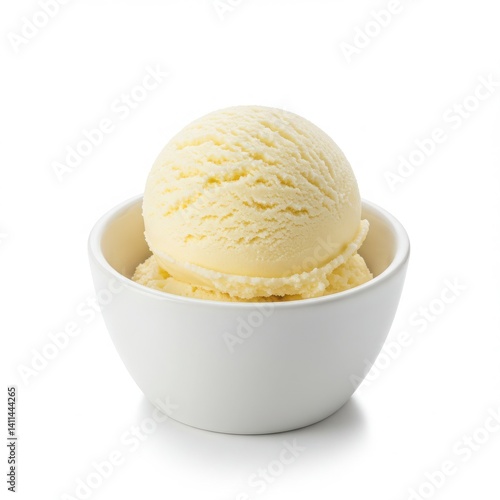 A single scoop of vanilla ice cream in a white bowl on a white background studio shot dessert