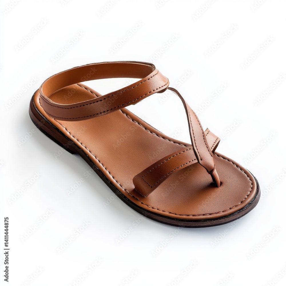 Fototapeta premium Close up of a brown leather sandal on a white studio background isoleted on white background