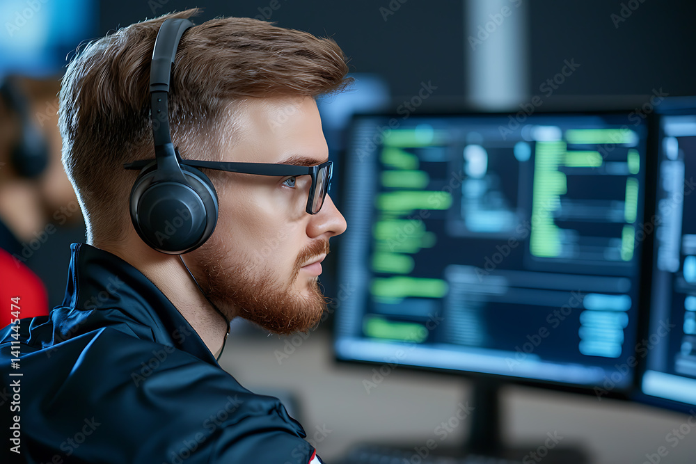 Security team responding to data breach alert in cybersecurity operations center digital monitoring office environment focused viewpoint Security team responding to data breach alert in cybersecurity operations center digital monitoring office environment focused viewpoint