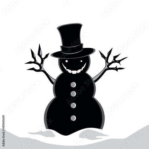Evil creepy monster snowman in a high hat isolated on white background.	
