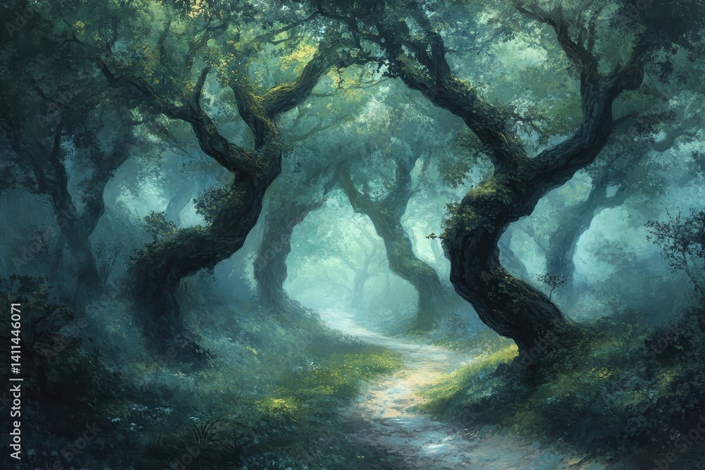 Misty forest path with gnarled trees and lush green undergrowth is shown. Ideal for fantasy novels, magical realms, or fairytale project. Misty forest path with gnarled trees and lush green undergrowth is shown. Ideal for fantasy novels, magical realms, or fairytale project.
