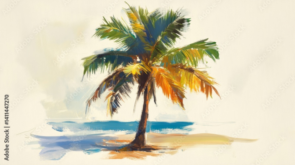 Fototapeta premium Watercolor Painting of a Palm Tree on a Tropical Beach