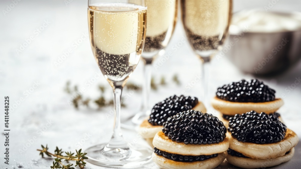 Luxurious celebration with champagne and gourmet caviar. A lavish experience for special occasions. Indulge in elegance and flavor. Generative AI