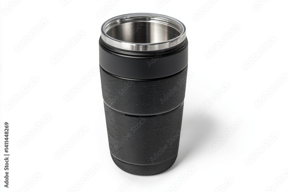 Stylish black insulated tumbler perfect for hot or cold drinks. It features a sleek design and durable construction. Stay refreshed on the go. Generative AI