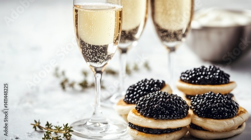 Obraz na płótnie Luxurious celebration with champagne and gourmet caviar. A lavish experience for special occasions. Indulge in elegance and flavor. Generative AI w salonie