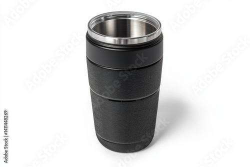 Obraz na płótnie Stylish black insulated tumbler perfect for hot or cold drinks. It features a sleek design and durable construction. Stay refreshed on the go. Generative AI w salonie