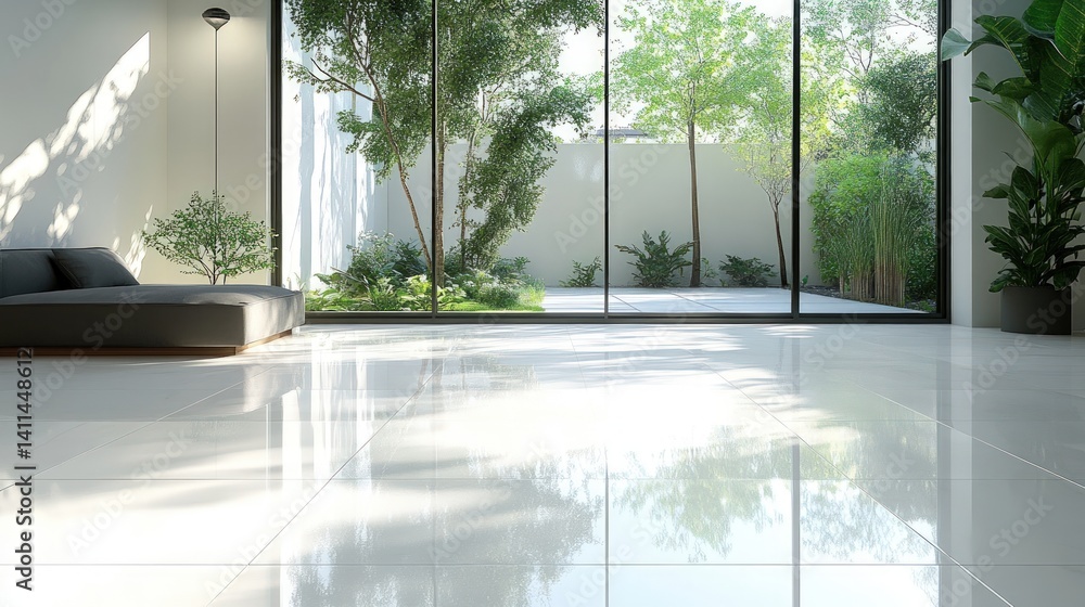 Fototapeta premium Modern interior with a garden view. Spacious, bright, and minimalist