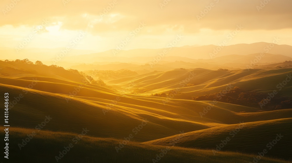 Fototapeta premium Golden Hour Hills: Tuscany's Serene Sunset Landscape
