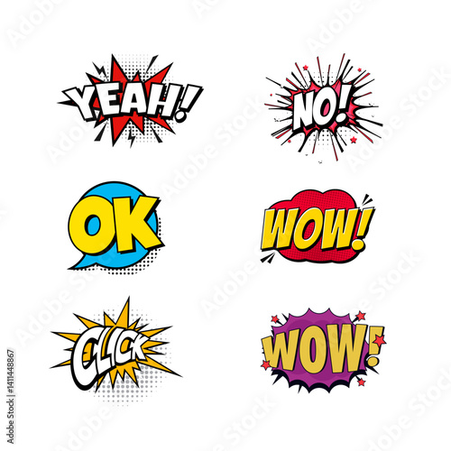 Comics Speech Bubble Icons Set – Expressions: Yeah, Wow, OK, Now, No, Click
