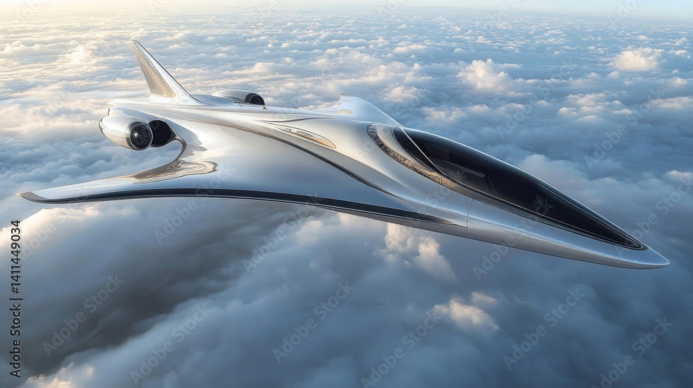Futuristic Silver Jet Plane Flying Above Clouds Futuristic Silver Jet Plane Flying Above Clouds