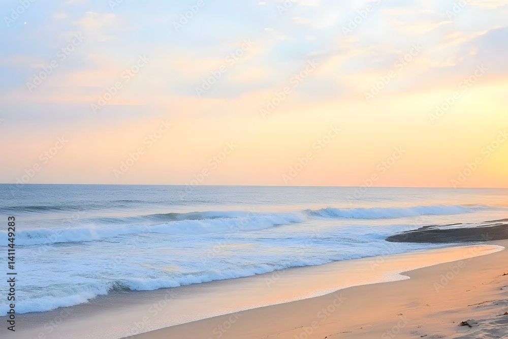 Obraz premium Serene Sunset Beach Scene: Calm Ocean Waves on Sandy Shore