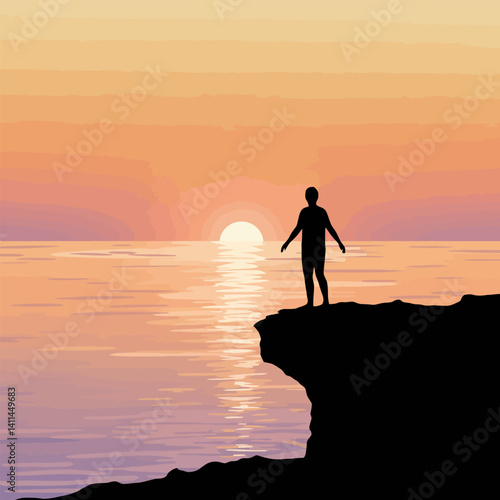 Person Silhouette on Cliff at Dramatic Sunset Over Ocean