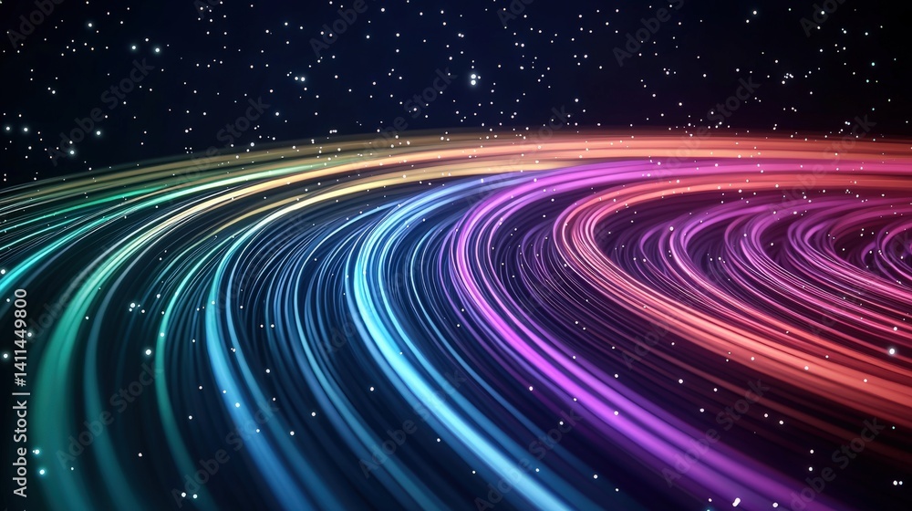 Naklejka premium A vibrant, abstract representation of flowing colors against a dark backdrop, reminiscent of cosmic phenomena and light trails.