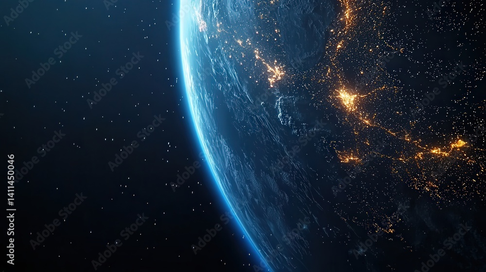 Obraz premium A stunning view of Earth from space, showcasing continents illuminated by city lights against a backdrop of stars.