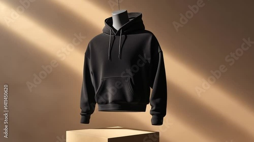 Realistic 3D animation of a Stylish Black Hoodie product display, fashion apparel