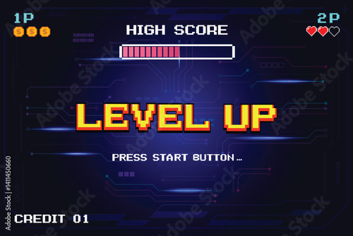 LEVEL UP icon pixel art. 8 bit game. retro game. Retro Futurism Sci-Fi Background. glowing neon grid. and stars from vintage arcade computer games