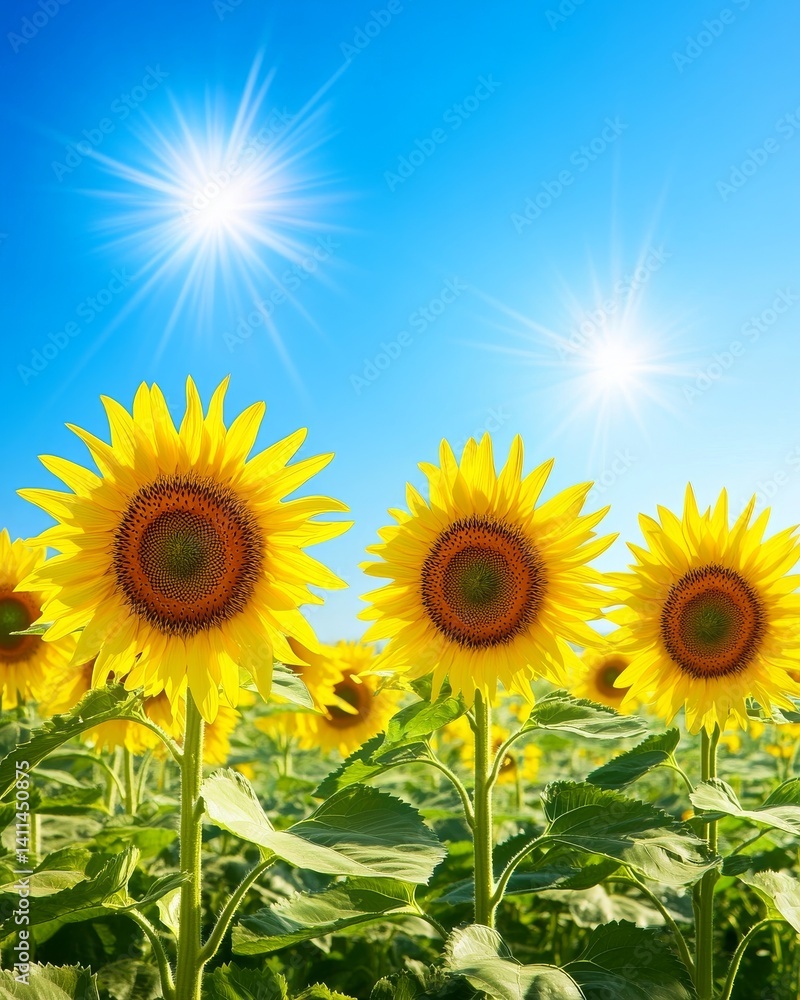 Bright sunflowers stretch towards the sky. Their vibrant yellow petals shine under the warm sun. A symbol of happiness and positivity in nature. Generative AI