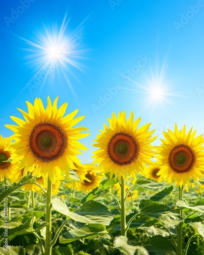 Obraz na płótnie Bright sunflowers stretch towards the sky. Their vibrant yellow petals shine under the warm sun. A symbol of happiness and positivity in nature. Generative AI w salonie