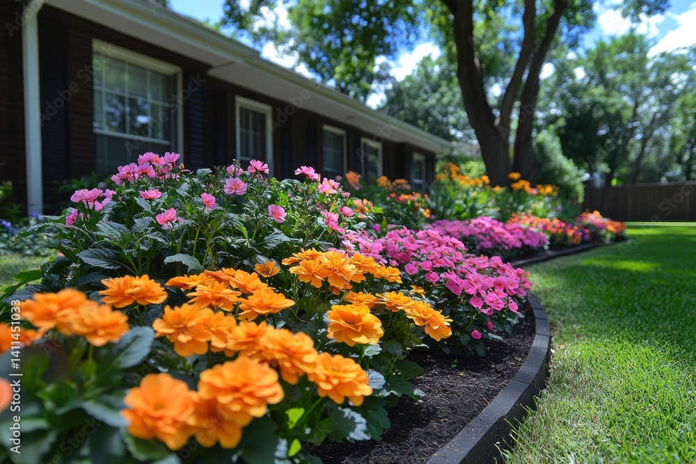 Obraz premium Vibrant flowerbeds line a home's yard