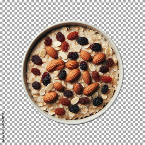 A bowl of oatmeal topped with a variety of nuts and raisins, Healthy Oatmeal Bowl with Almonds and Raisins Topping on transparent background, png, psd
