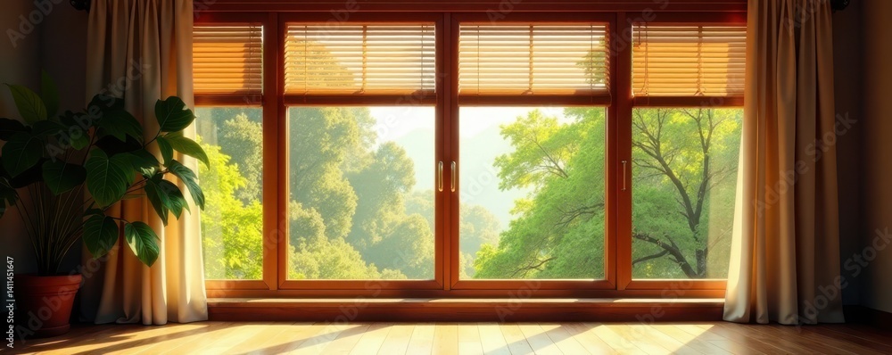 Fototapeta premium Large window, wooden frame, blinds open & closed , shade, window